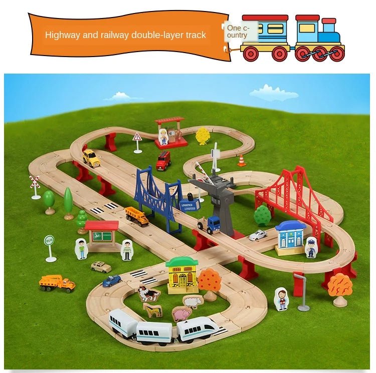 Wooden Road Train Set (Double-Layer) – Compatible Track Accessories with Electric Car for Kids