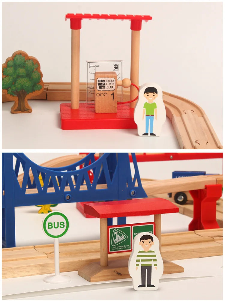 Wooden Road Train Set (Double-Layer) – Compatible Track Accessories with Electric Car for Kids