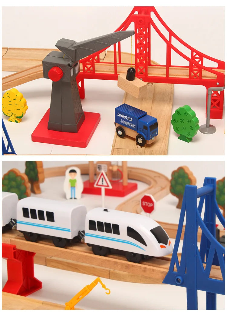 Wooden Road Train Set (Double-Layer) – Compatible Track Accessories with Electric Car for Kids