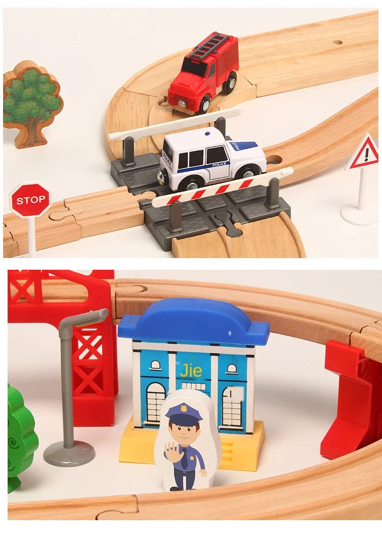 Wooden Road Train Set (Double-Layer) – Compatible Track Accessories with Electric Car for Kids
