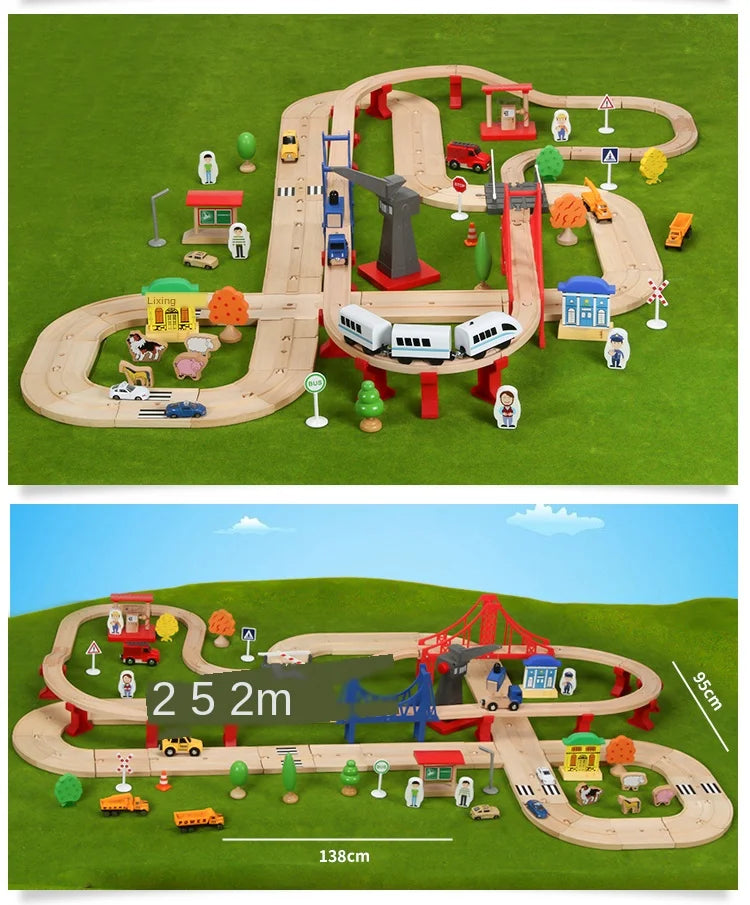Wooden Road Train Set (Double-Layer) – Compatible Track Accessories with Electric Car for Kids