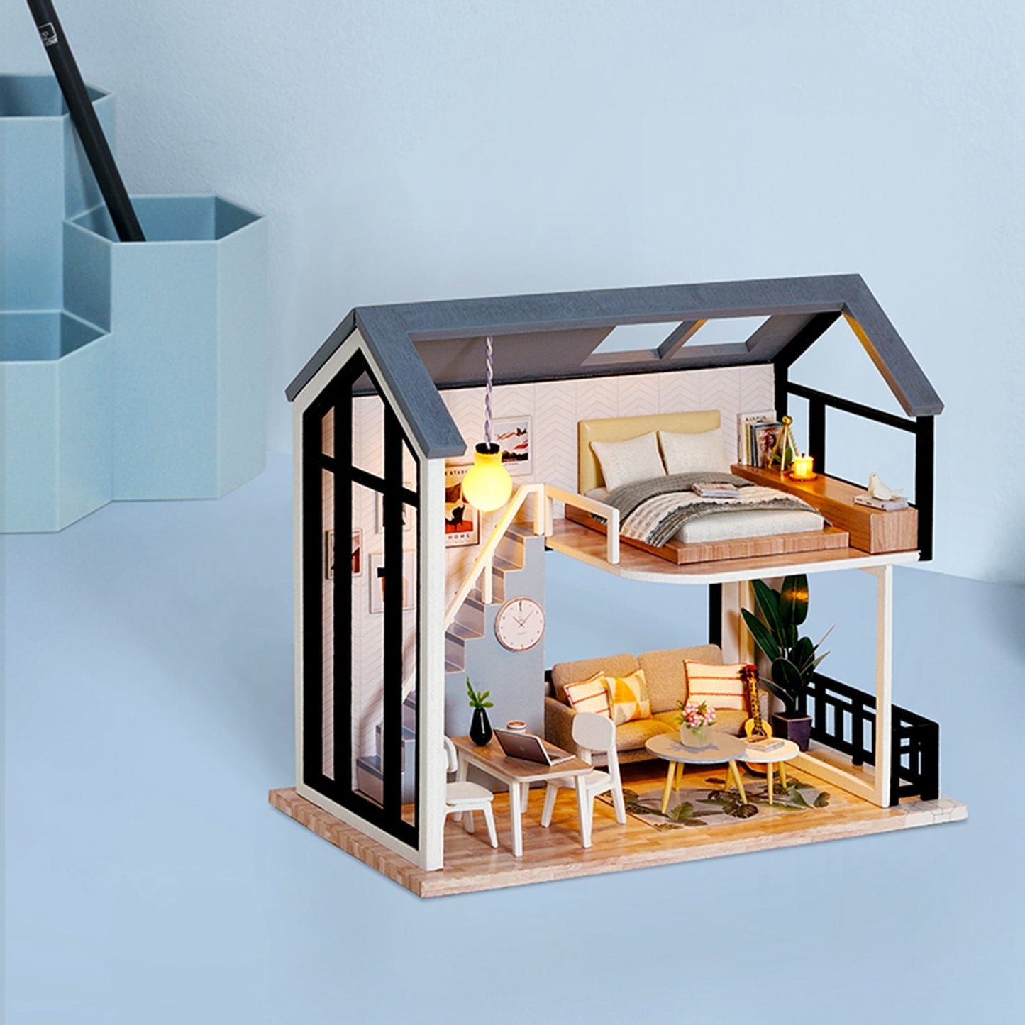 Nordic Style DIY Wooden Dollhouse Kit – Miniature Duplex Model with Furniture for Kids' Pretend Play Assembly