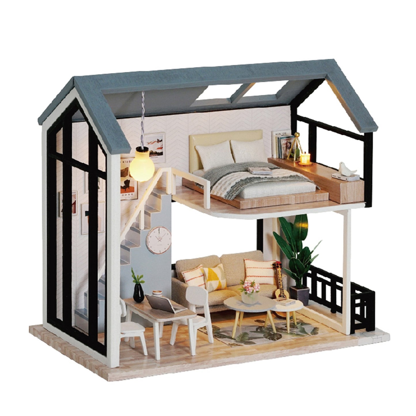 Nordic Style DIY Wooden Dollhouse Kit – Miniature Duplex Model with Furniture for Kids' Pretend Play Assembly