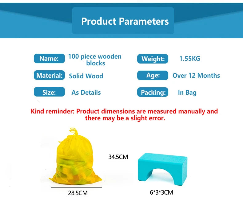 Wooden Building Blocks Set - 100 Blocks (Assorted Colors and 11 Shapes)