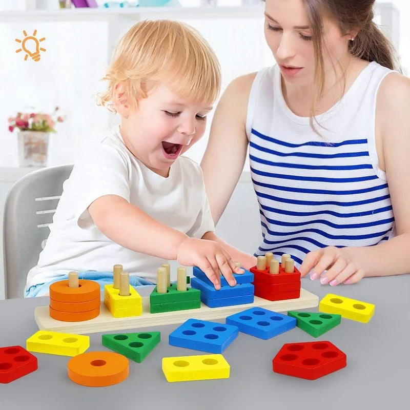 Montessori Wooden Shape Puzzle - Geometric Stacking Toy for Early Learning