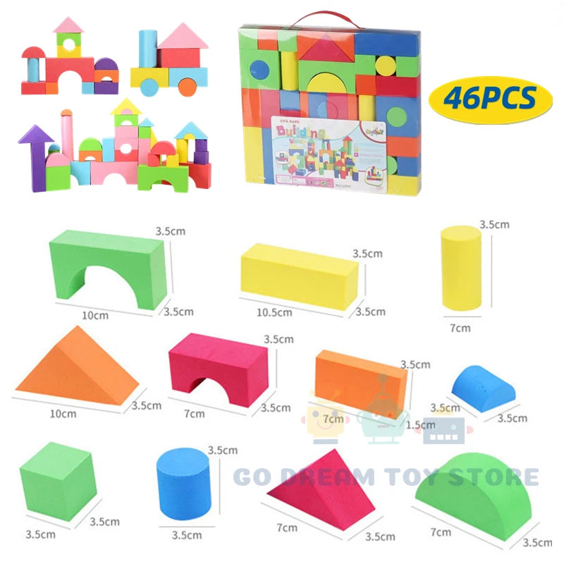 Soft Building Blocks Set - 46 blocks (Random Colors and 11 Shapes)