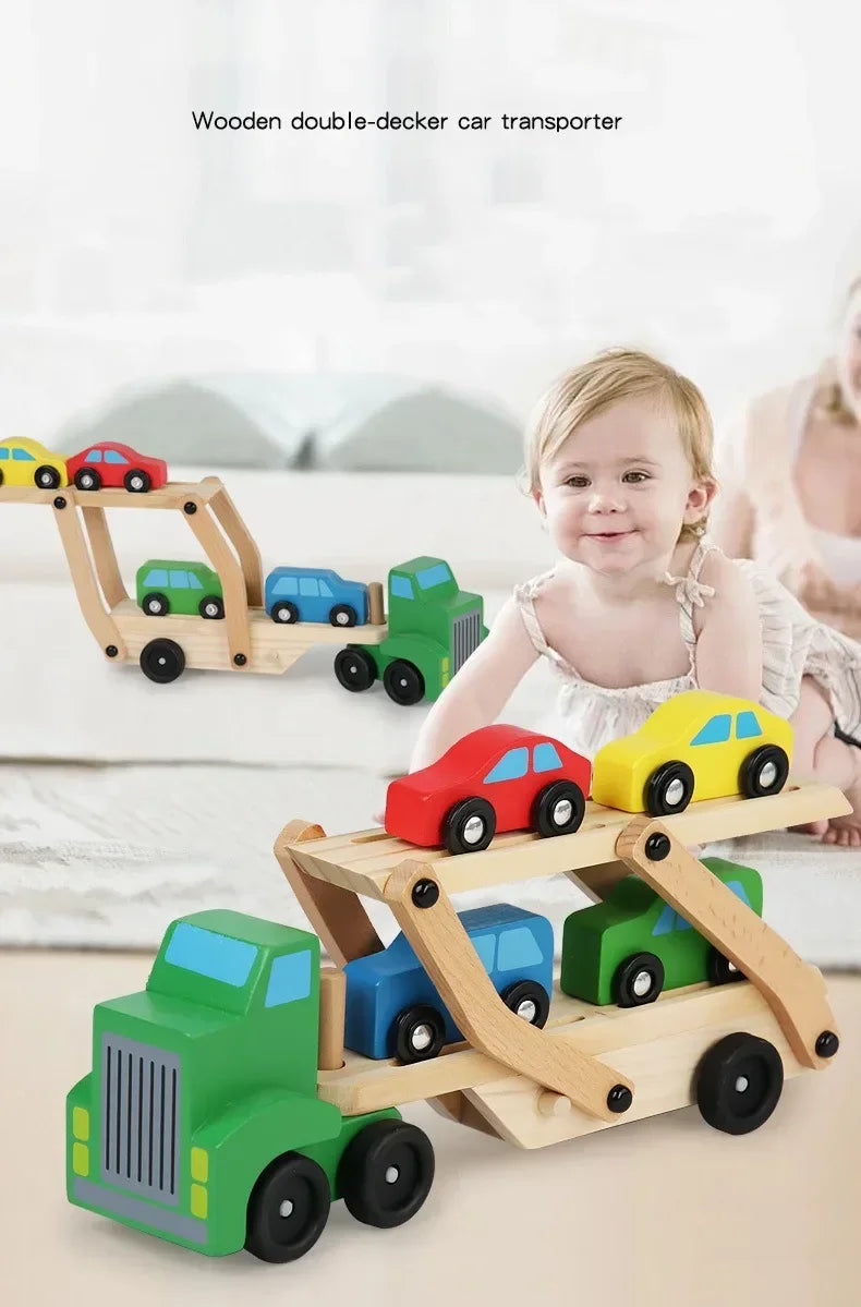Wooden Transporter Toy with Double-Layer Car Carrier