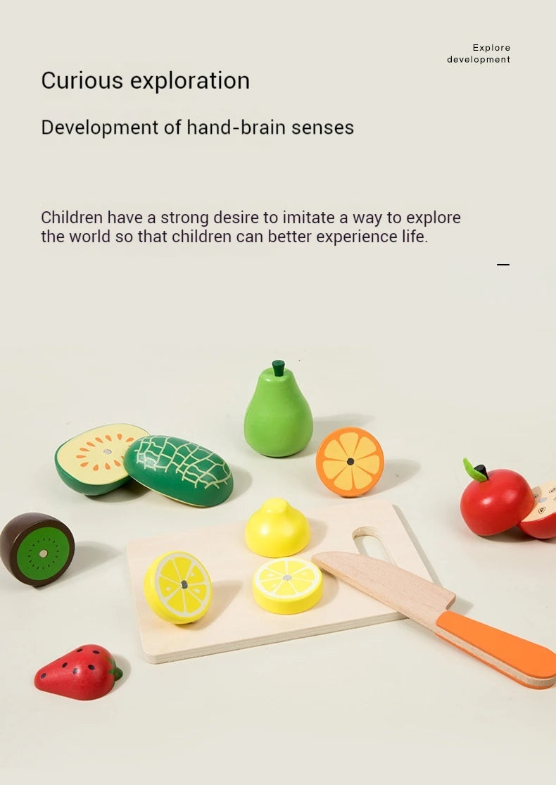 Wooden Fruit Cutting Stimulation Toy Set - Pretend Play Kitchen for Kids