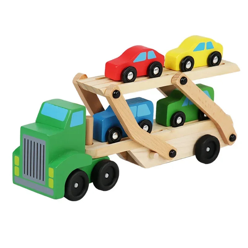 Wooden Transporter Toy with Double-Layer Car Carrier