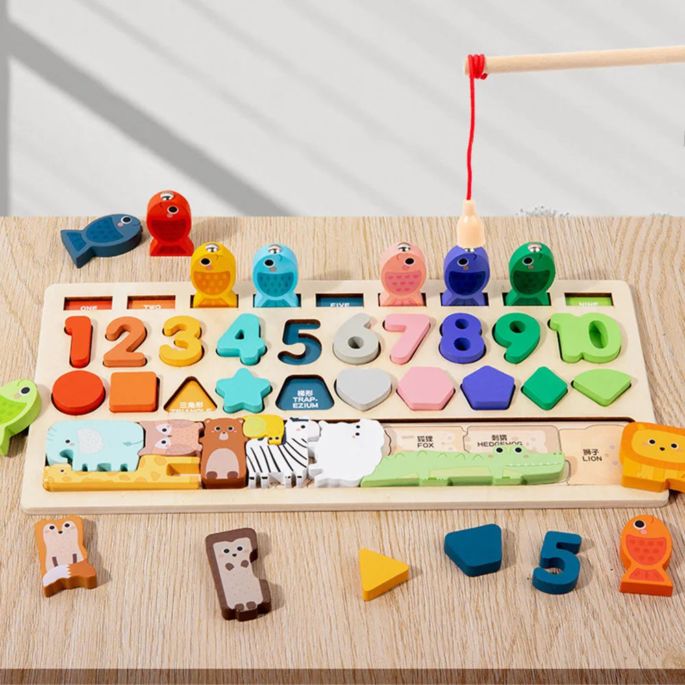 Shape & Number Matching, Fishing Game, and Animal Puzzle Set