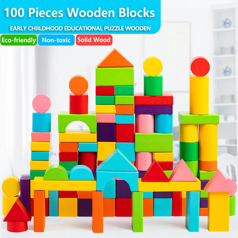 Wooden Building Blocks Set - 100 Blocks (Assorted Colors and 11 Shapes)