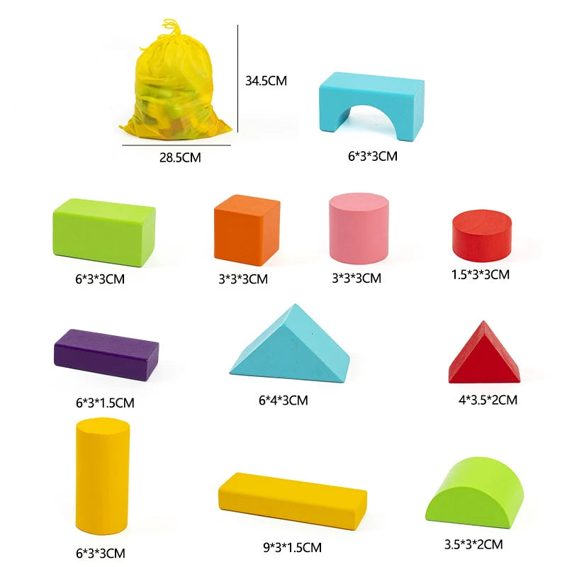 Wooden Building Blocks Set - 100 Blocks (Assorted Colors and 11 Shapes)