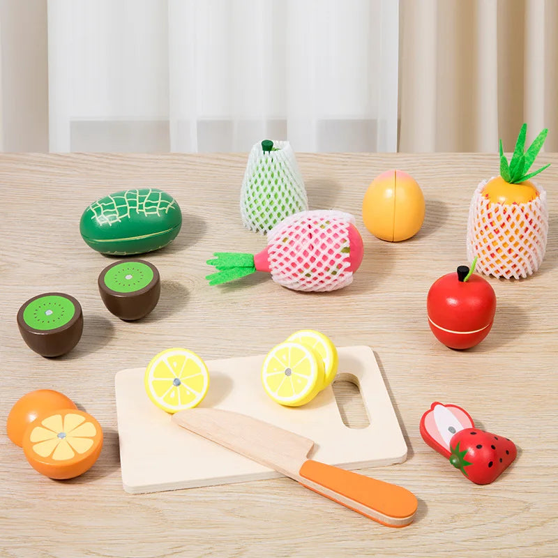 Wooden Fruit Cutting Stimulation Toy Set - Pretend Play Kitchen for Kids
