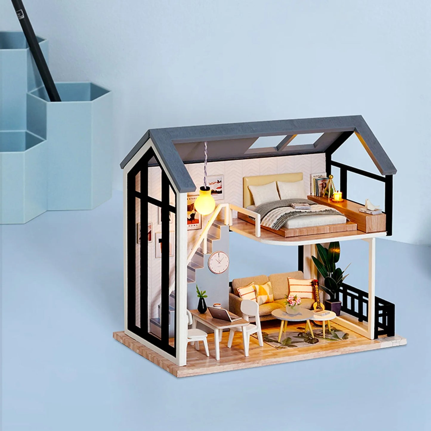 Nordic Style DIY Wooden Dollhouse Kit – Miniature Duplex Model with Furniture for Kids' Pretend Play Assembly