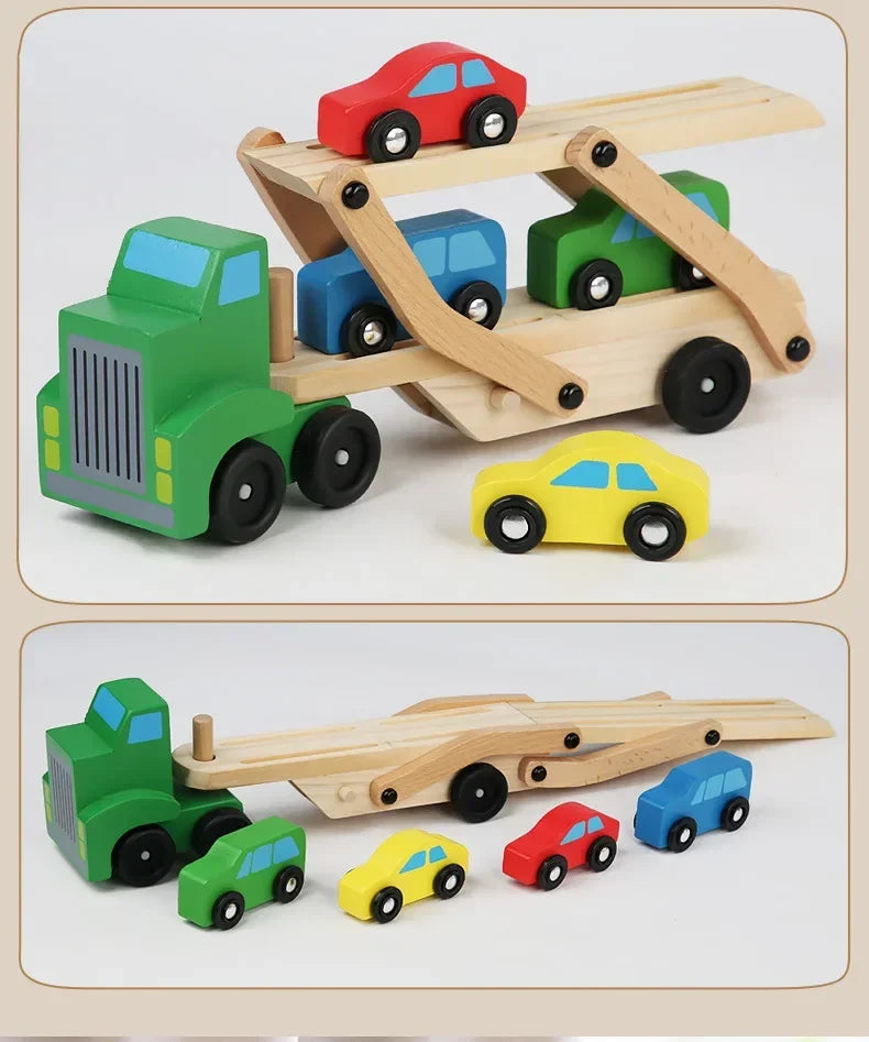 Wooden Transporter Toy with Double-Layer Car Carrier