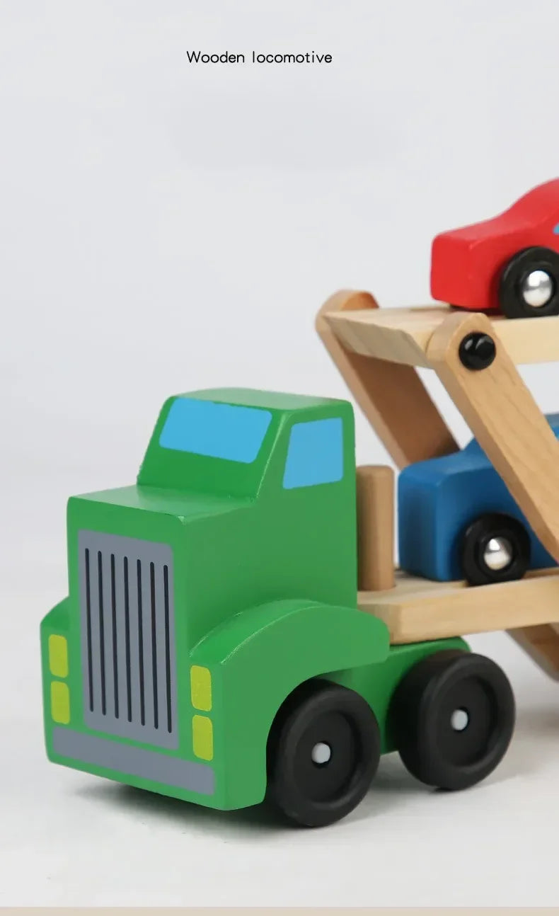 Wooden Transporter Toy with Double-Layer Car Carrier