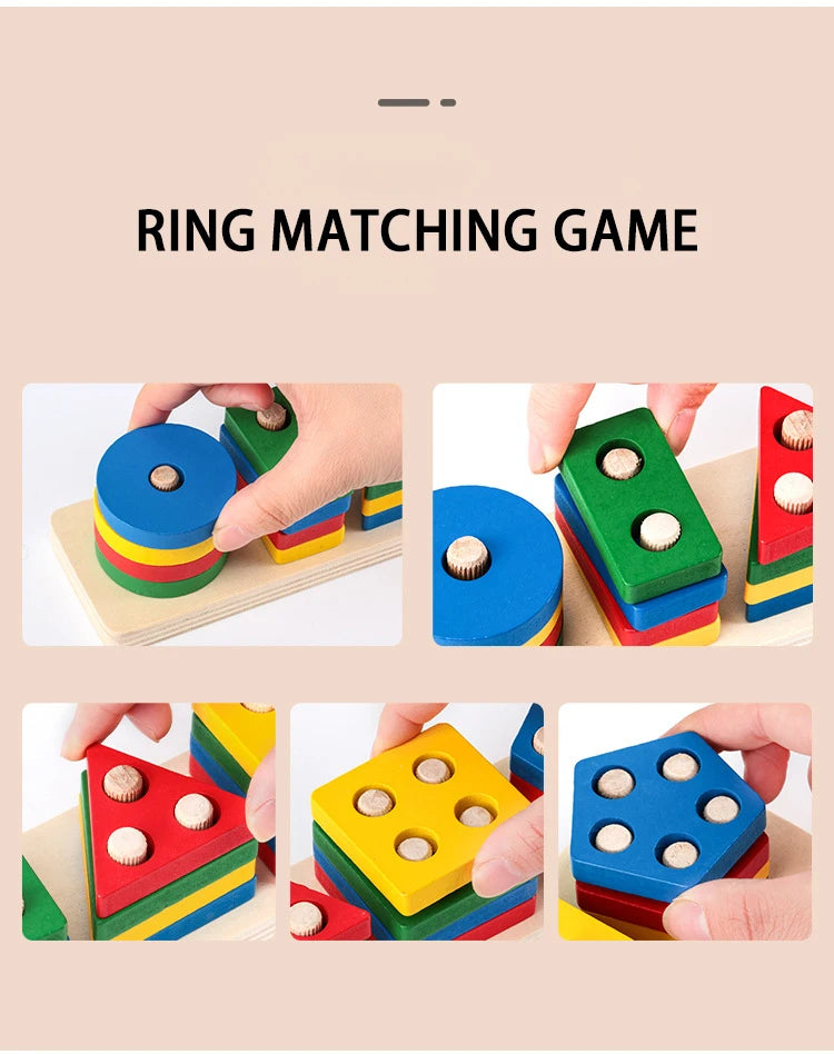 Montessori Wooden Shape Puzzle - Geometric Stacking Toy for Early Learning