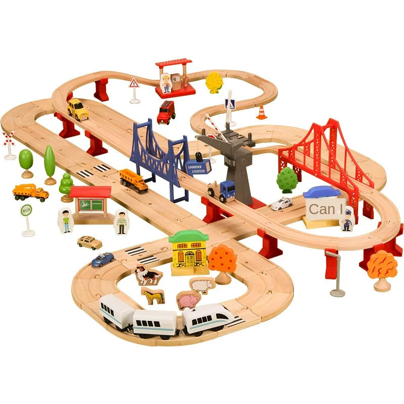 Wooden Road Train Set (Double-Layer) – Compatible Track Accessories with Electric Car for Kids