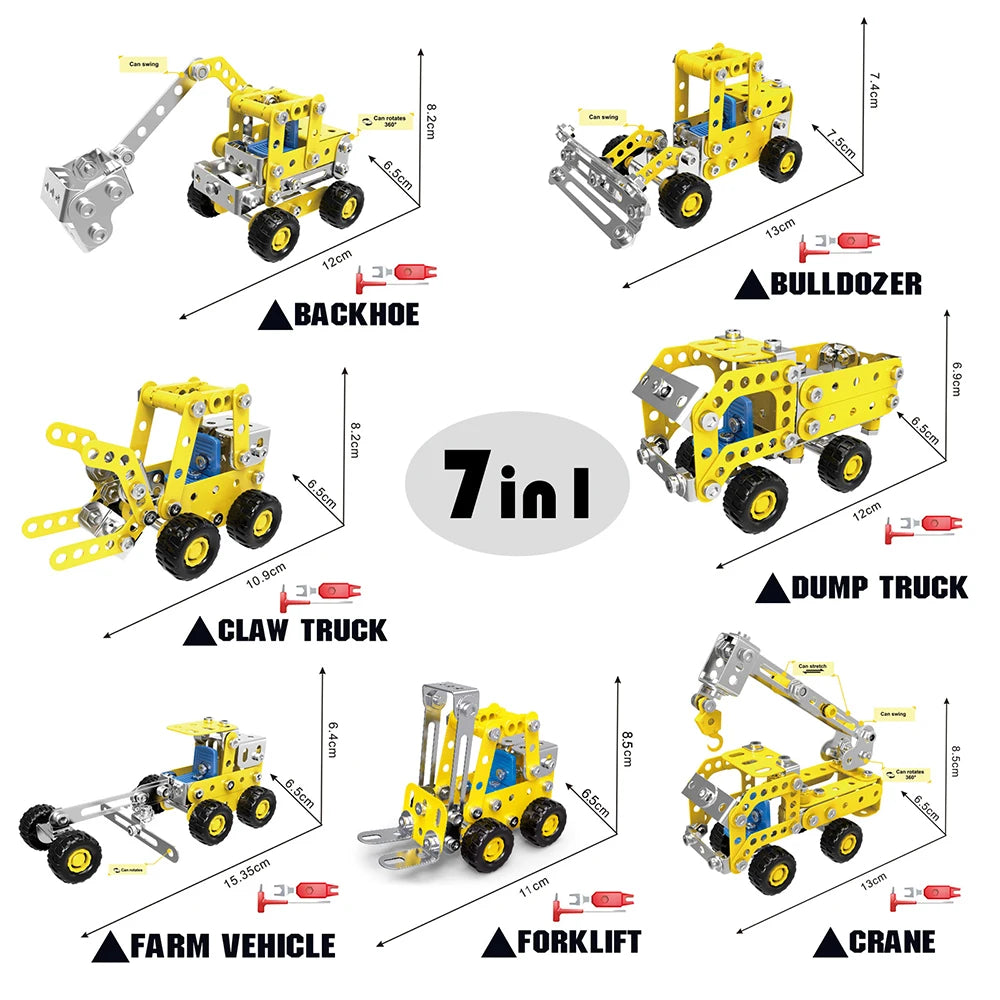 DIY Metal Engineering Vehicle Set: Fire Truck, Crane, Excavator & Bulldozer with Screws and Nuts