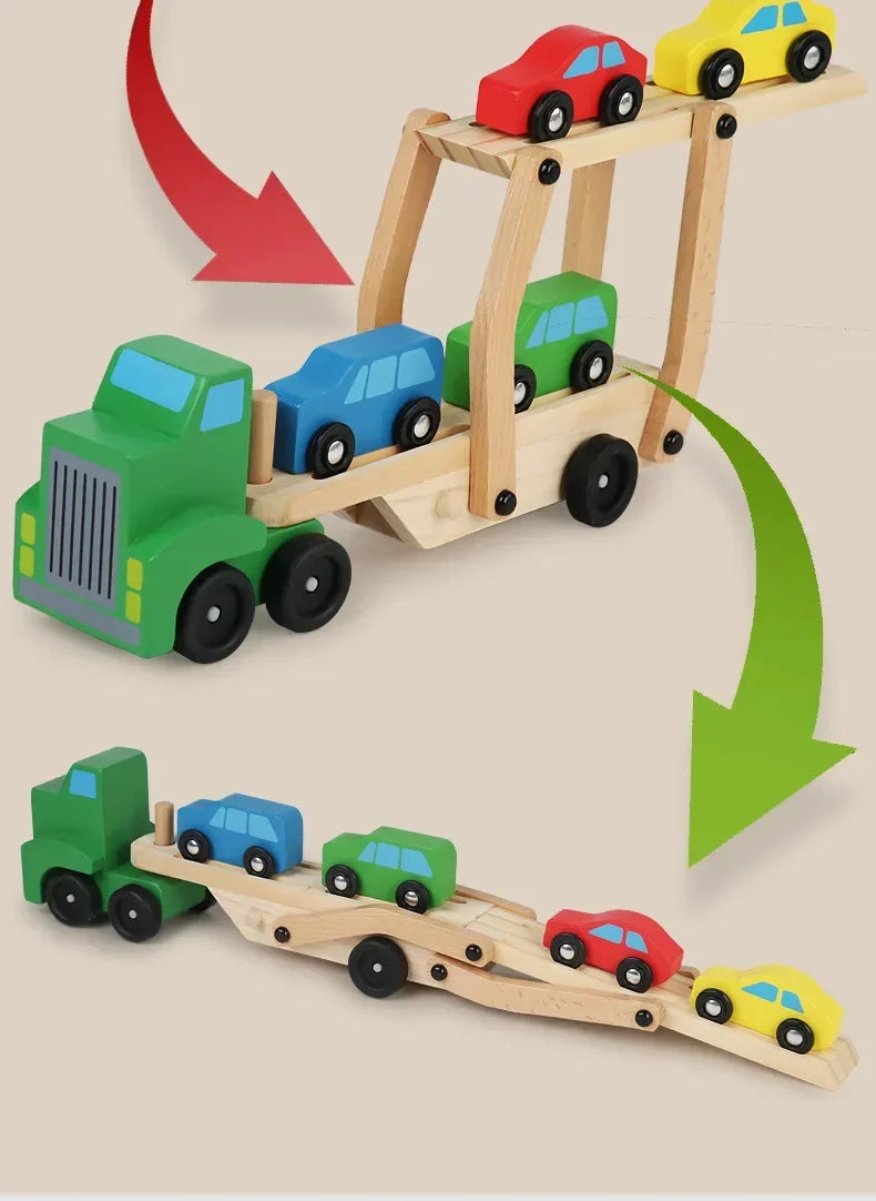 Wooden Transporter Toy with Double-Layer Car Carrier