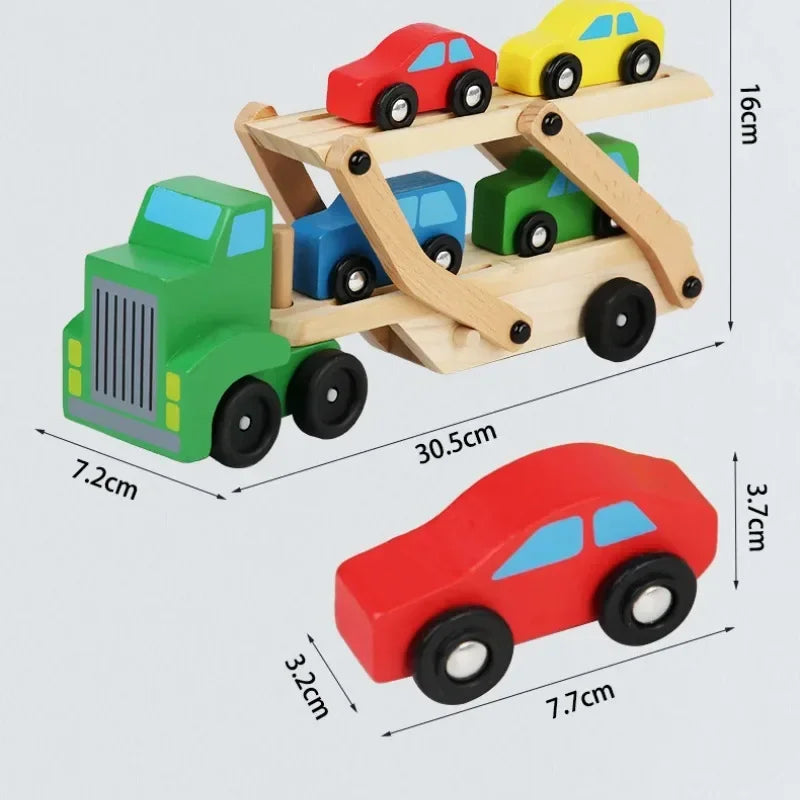 Wooden Transporter Toy with Double-Layer Car Carrier