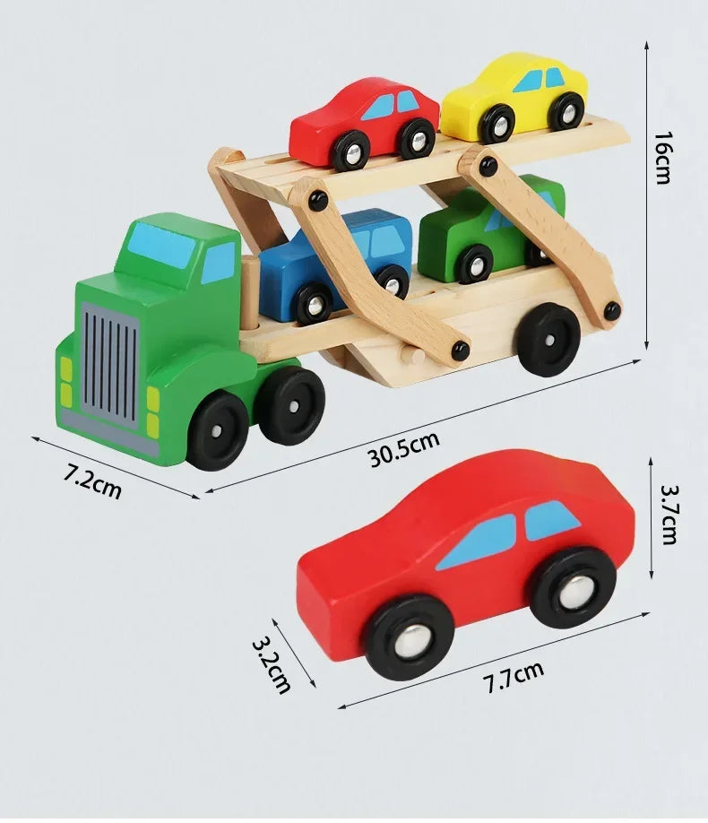Wooden Transporter Toy with Double-Layer Car Carrier