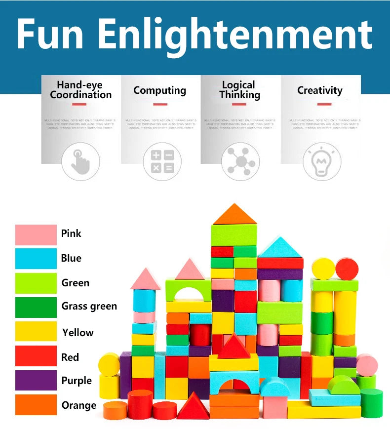 Wooden Building Blocks Set - 100 Blocks (Assorted Colors and 11 Shapes)