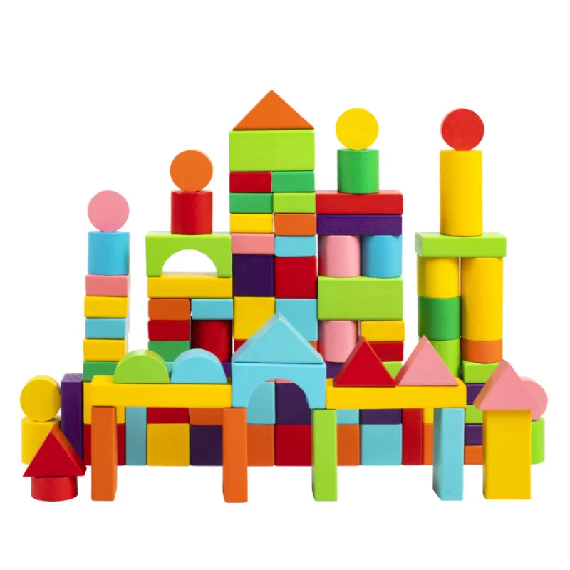 Wooden Building Blocks Set - 100 Blocks (Assorted Colors and 11 Shapes)