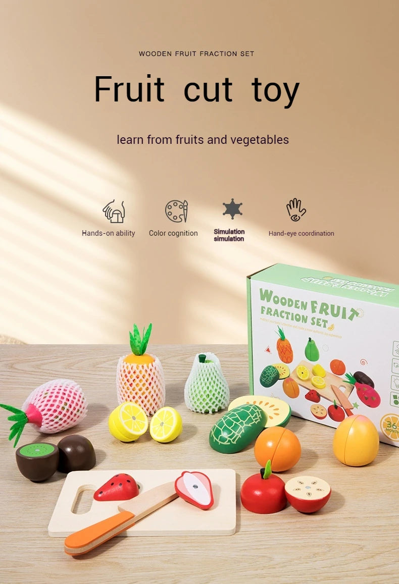 Wooden Fruit Cutting Stimulation Toy Set - Pretend Play Kitchen for Kids