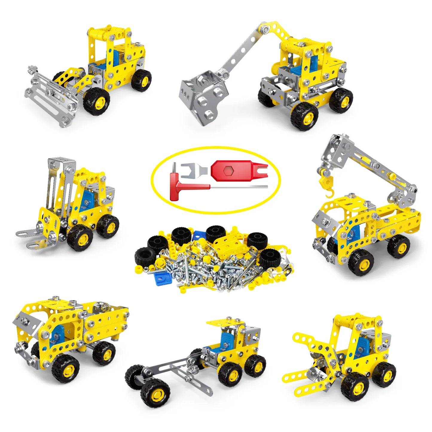 DIY Metal Engineering Vehicle Set: Fire Truck, Crane, Excavator & Bulldozer with Screws and Nuts