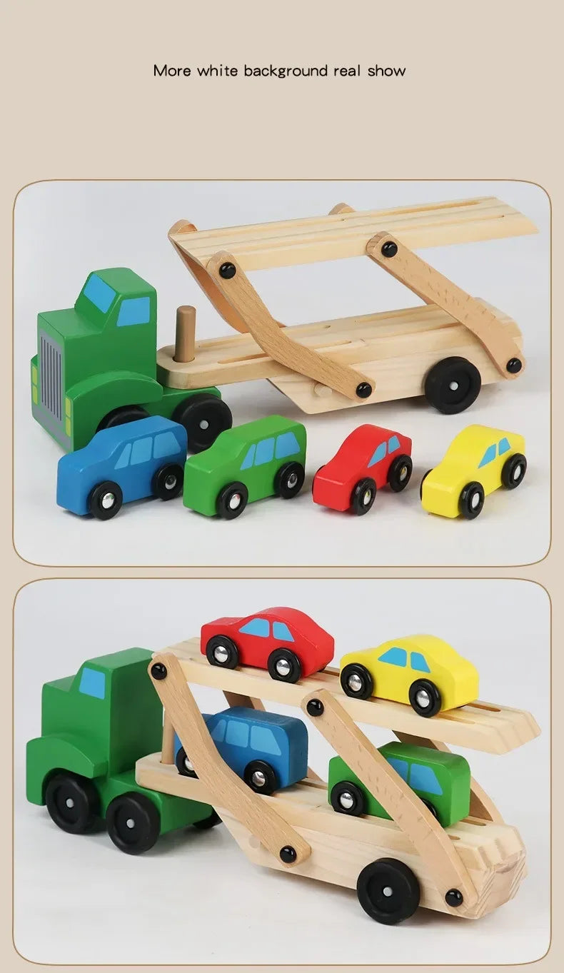 Wooden Transporter Toy with Double-Layer Car Carrier