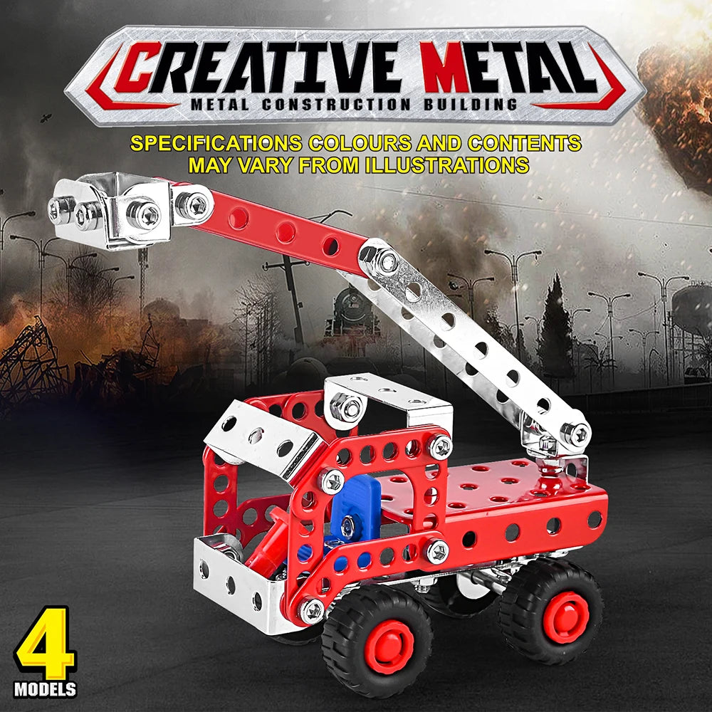 DIY Metal Engineering Vehicle Set: Fire Truck, Crane, Excavator & Bulldozer with Screws and Nuts