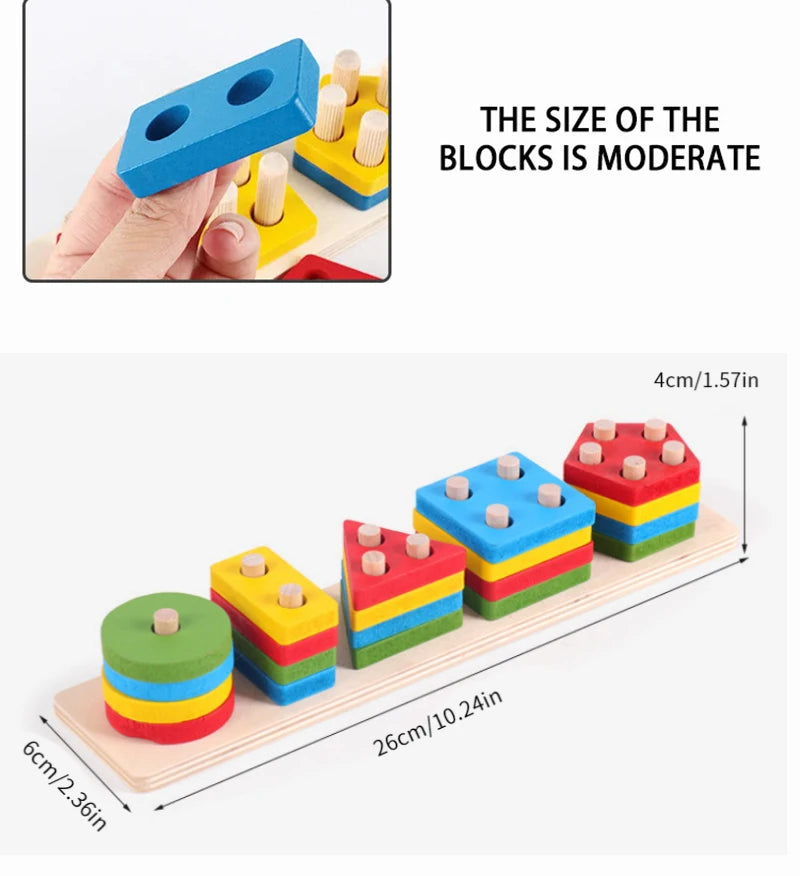 Montessori Wooden Shape Puzzle - Geometric Stacking Toy for Early Learning
