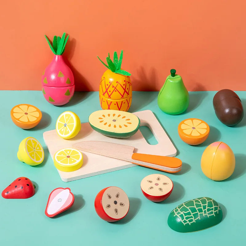 Wooden Fruit Cutting Stimulation Toy Set - Pretend Play Kitchen for Kids