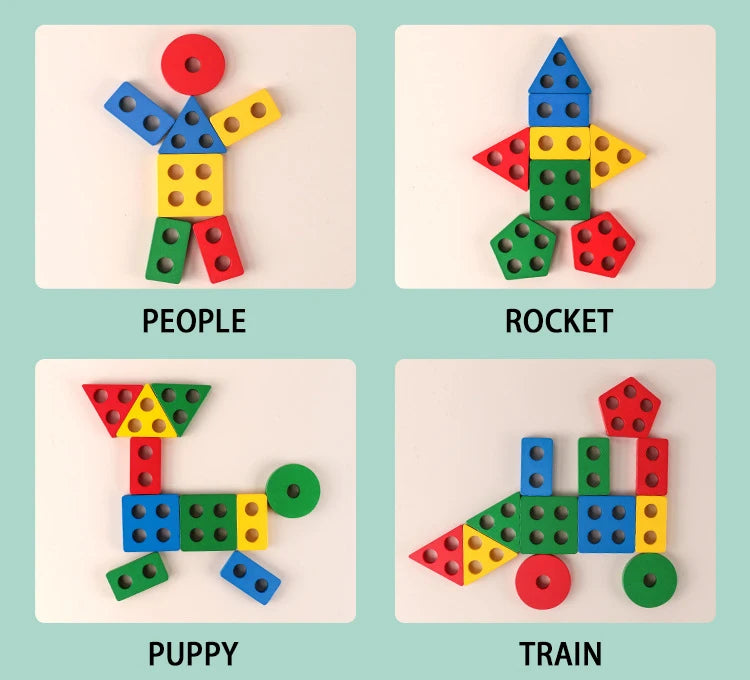 Montessori Wooden Shape Puzzle - Geometric Stacking Toy for Early Learning