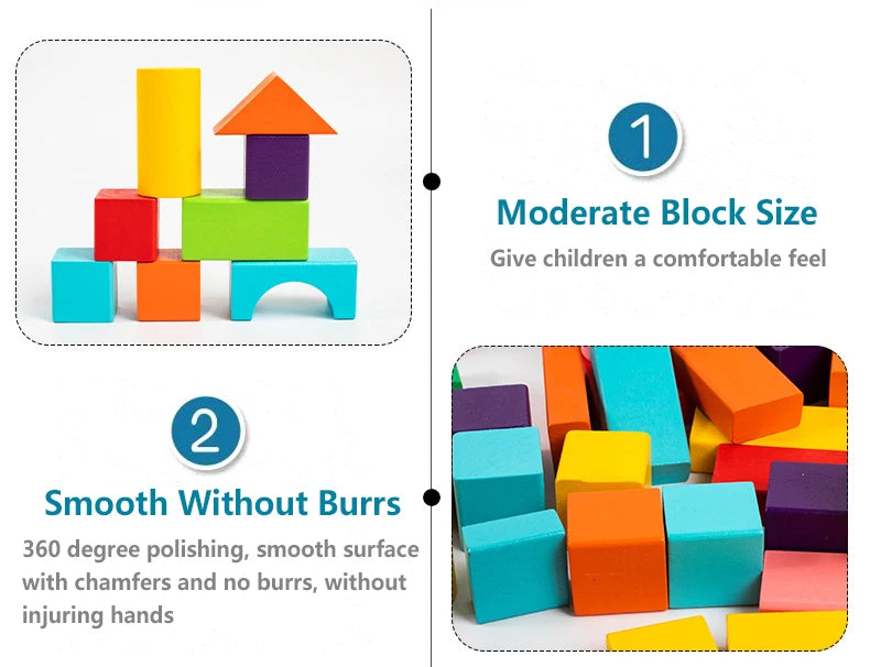 Wooden Building Blocks Set - 100 Blocks (Assorted Colors and 11 Shapes)