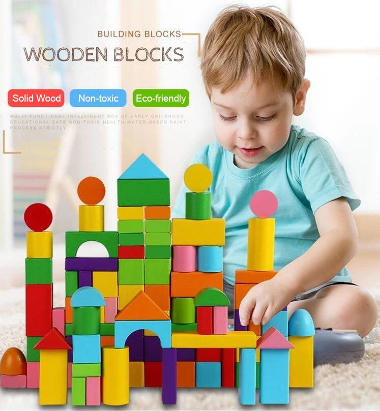 Wooden Building Blocks Set - 100 Blocks (Assorted Colors and 11 Shapes)