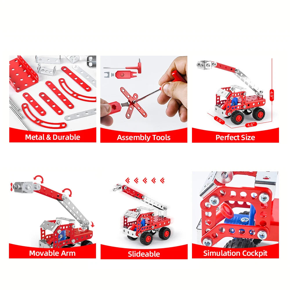 DIY Metal Engineering Vehicle Set: Fire Truck, Crane, Excavator & Bulldozer with Screws and Nuts