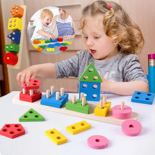 Montessori Wooden Shape Puzzle - Geometric Stacking Toy for Early Learning