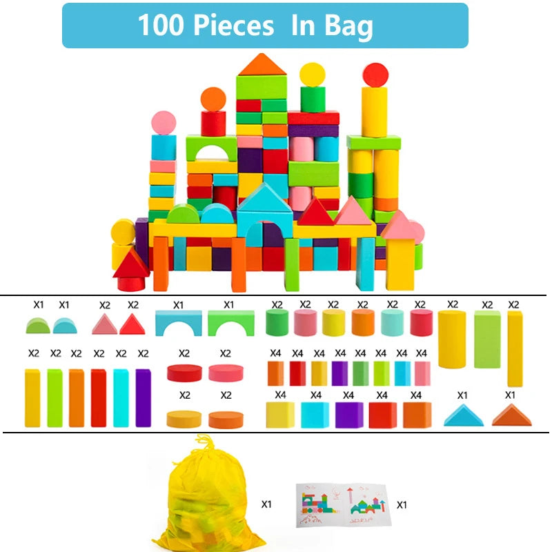 Wooden Building Blocks Set - 100 Blocks (Assorted Colors and 11 Shapes)