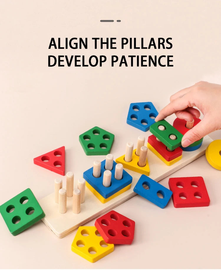 Montessori Wooden Shape Puzzle - Geometric Stacking Toy for Early Learning