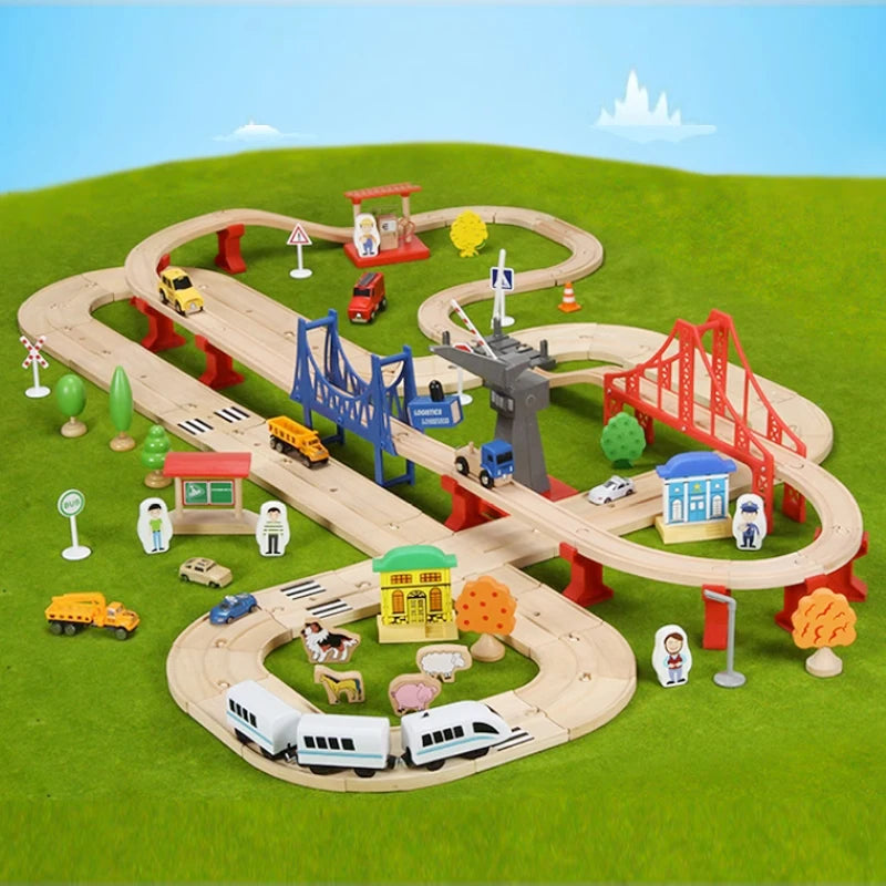Wooden Road Train Set (Double-Layer) – Compatible Track Accessories with Electric Car for Kids