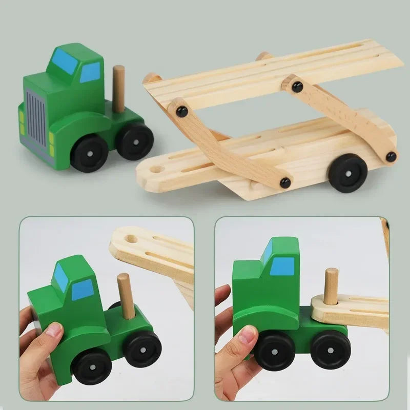 Wooden Transporter Toy with Double-Layer Car Carrier