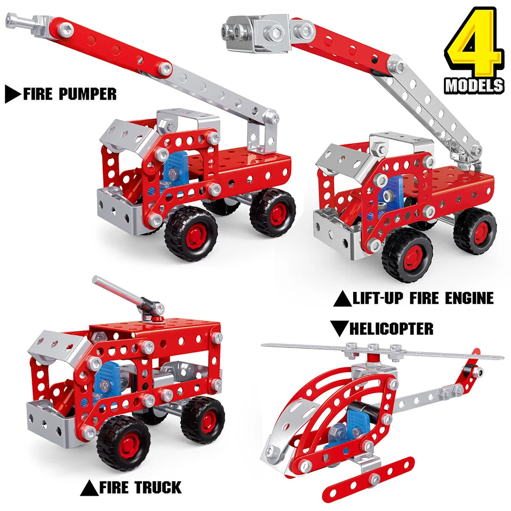 DIY Metal Engineering Vehicle Set: Fire Truck, Crane, Excavator & Bulldozer with Screws and Nuts