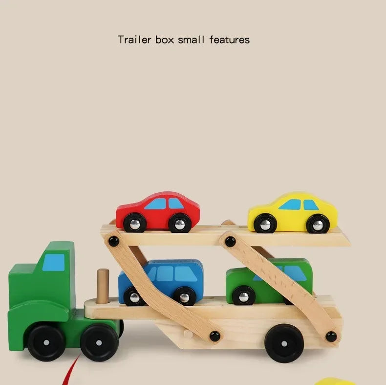 Wooden Transporter Toy with Double-Layer Car Carrier