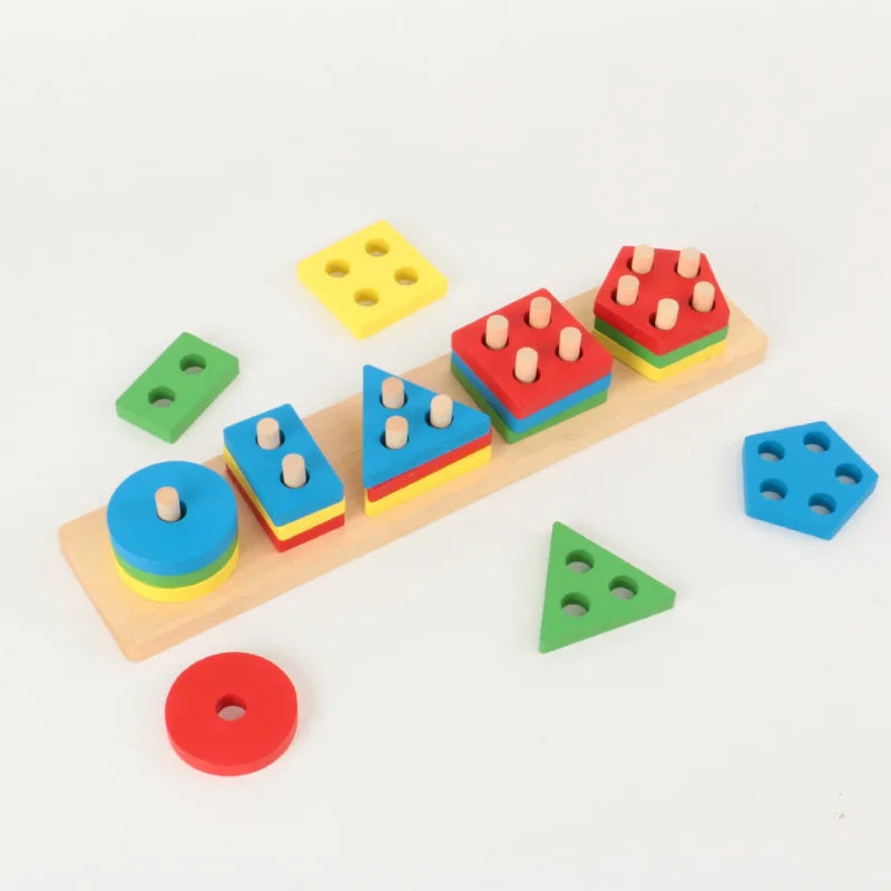 Montessori Wooden Shape Puzzle - Geometric Stacking Toy for Early Learning
