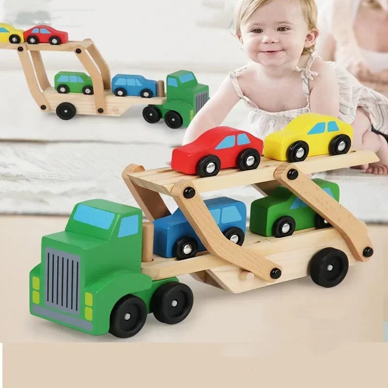 Wooden Transporter Toy with Double-Layer Car Carrier