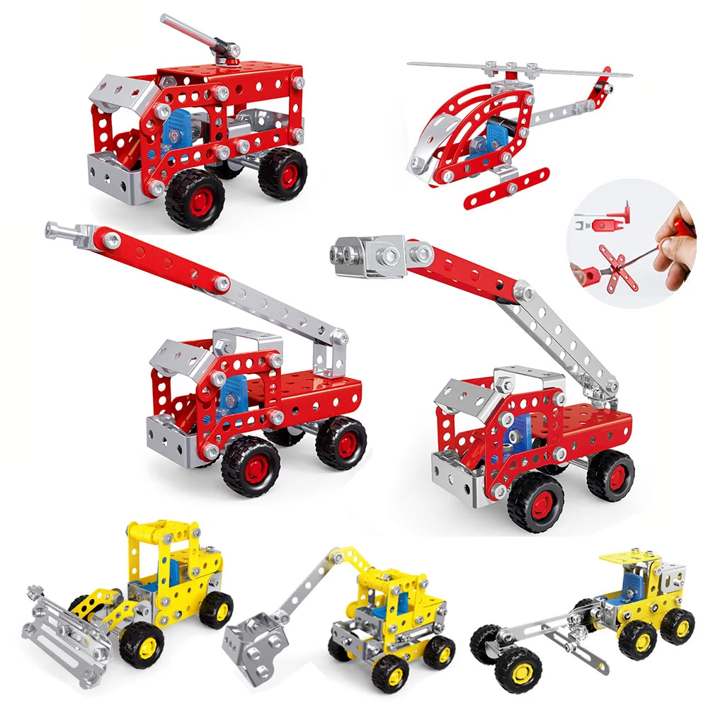 DIY Metal Engineering Vehicle Set: Fire Truck, Crane, Excavator & Bulldozer with Screws and Nuts