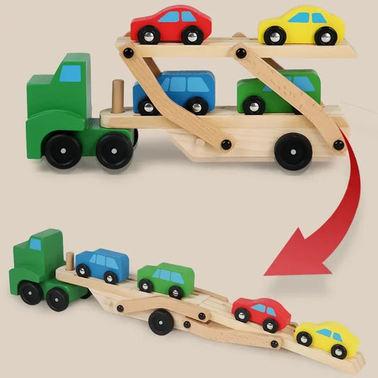 Wooden Transporter Toy with Double-Layer Car Carrier
